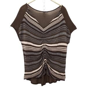 Ella Moss Stripe Brown Gray Cream Gathered Ruching V-Neck Blouse Shirt Top Small